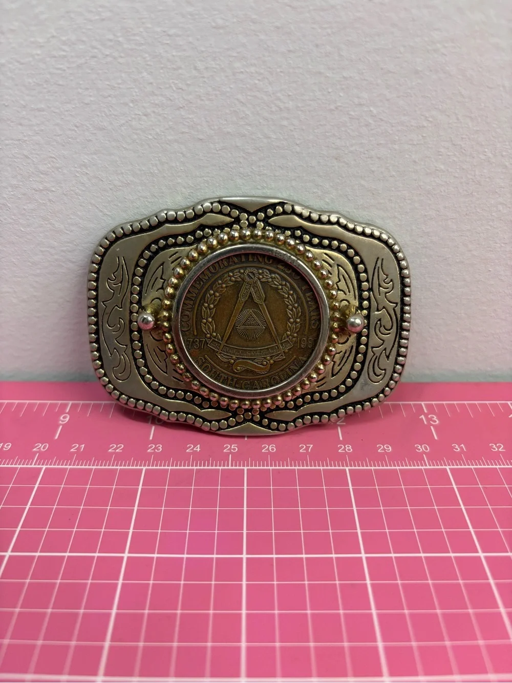 VTG Free Masons South Carolina Token Coin Belt Buckle 250 Anniversary 1737-1987